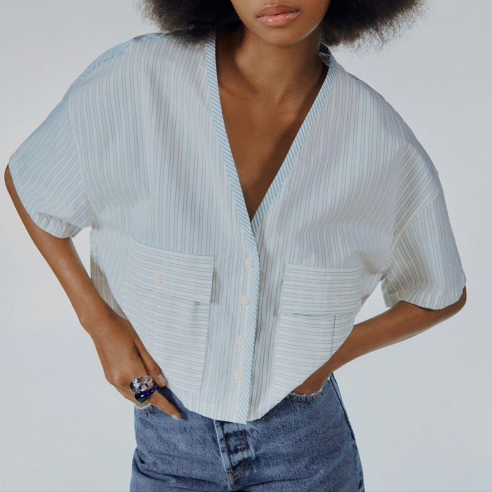 Zara striped oversized crop top shirt button up
